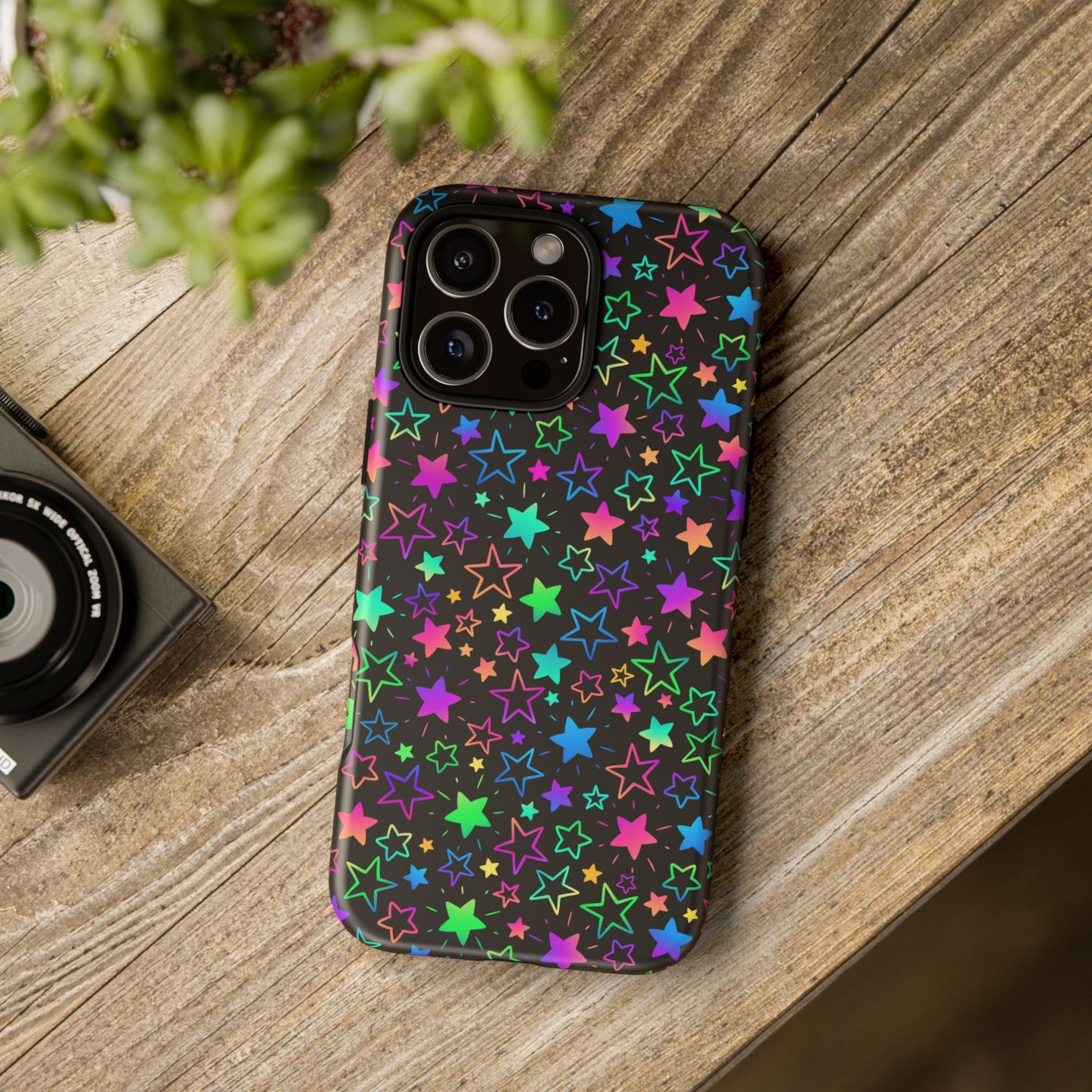 Starburst Neon Phone Case Protective Dual Layer Shock Absorption With Colorful Glow Stars For Trendy Nightlife Fans
