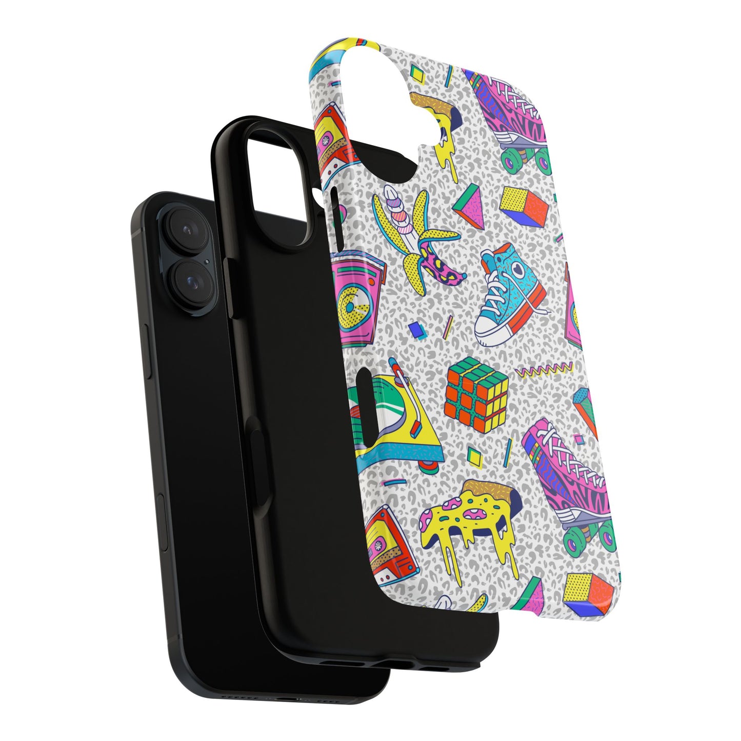 Retro 90s Pattern Phone Case — Roller Skates, Rubik Cube & Cassette Design