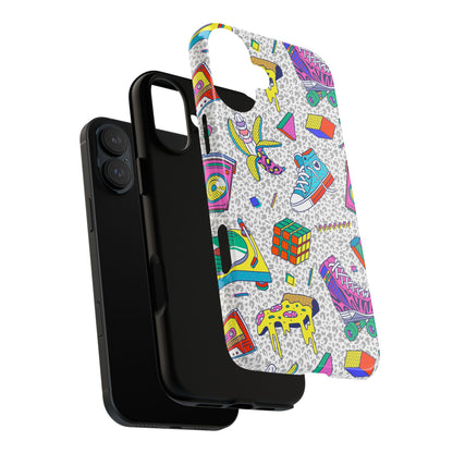 Retro 90s Pattern Phone Case — Roller Skates, Rubik Cube & Cassette Design