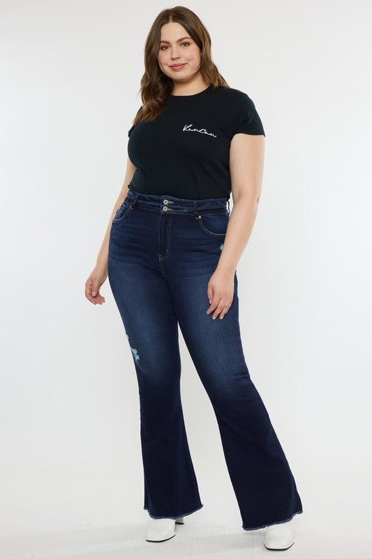 Plus High Rise Double WB Fray Hem Flare Jeans KanCan