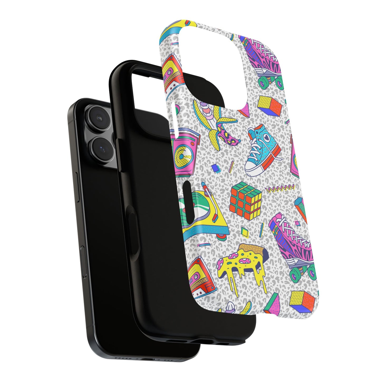 Retro 90s Pattern Phone Case — Roller Skates, Rubik Cube & Cassette Design