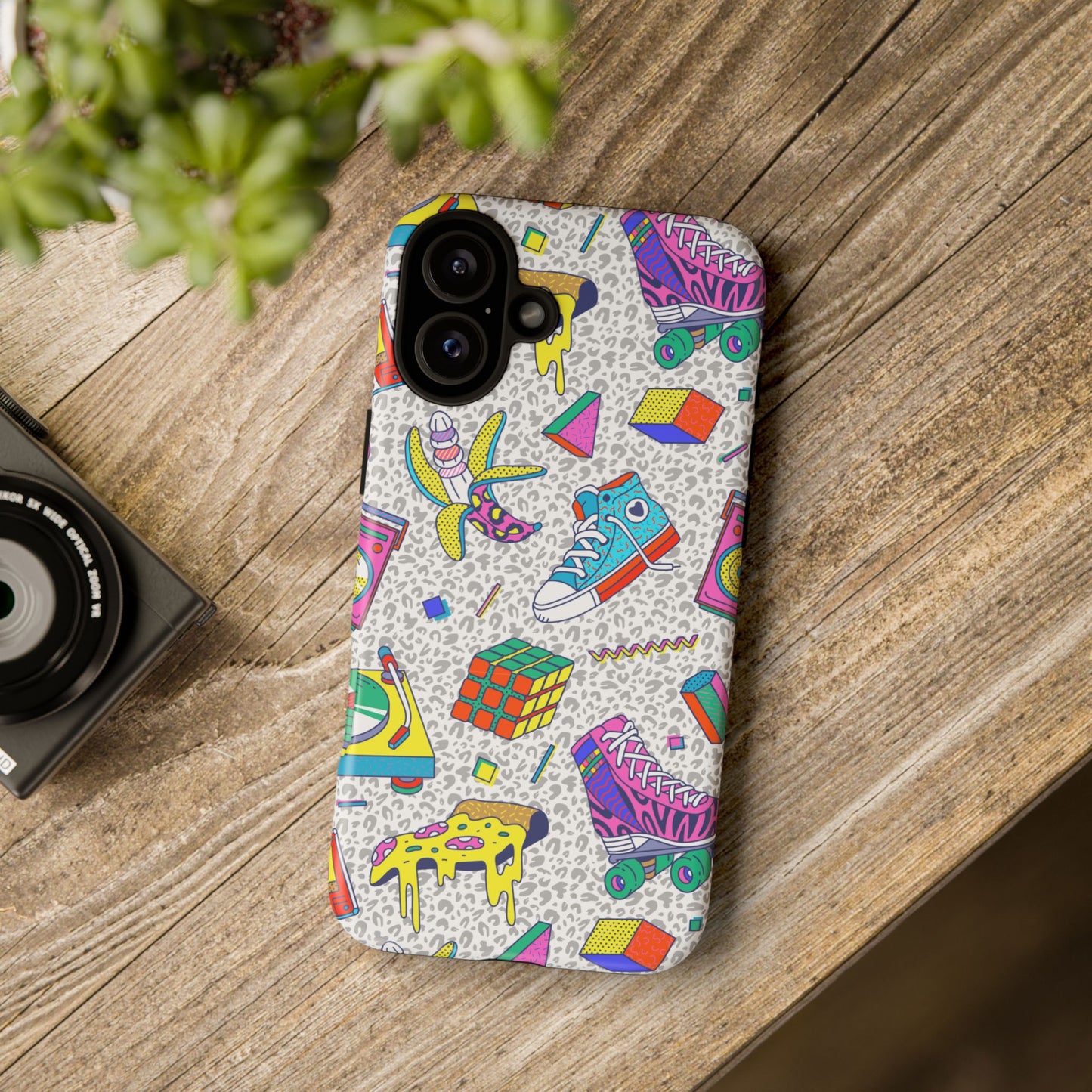 Retro 90s Pattern Phone Case — Roller Skates, Rubik Cube & Cassette Design
