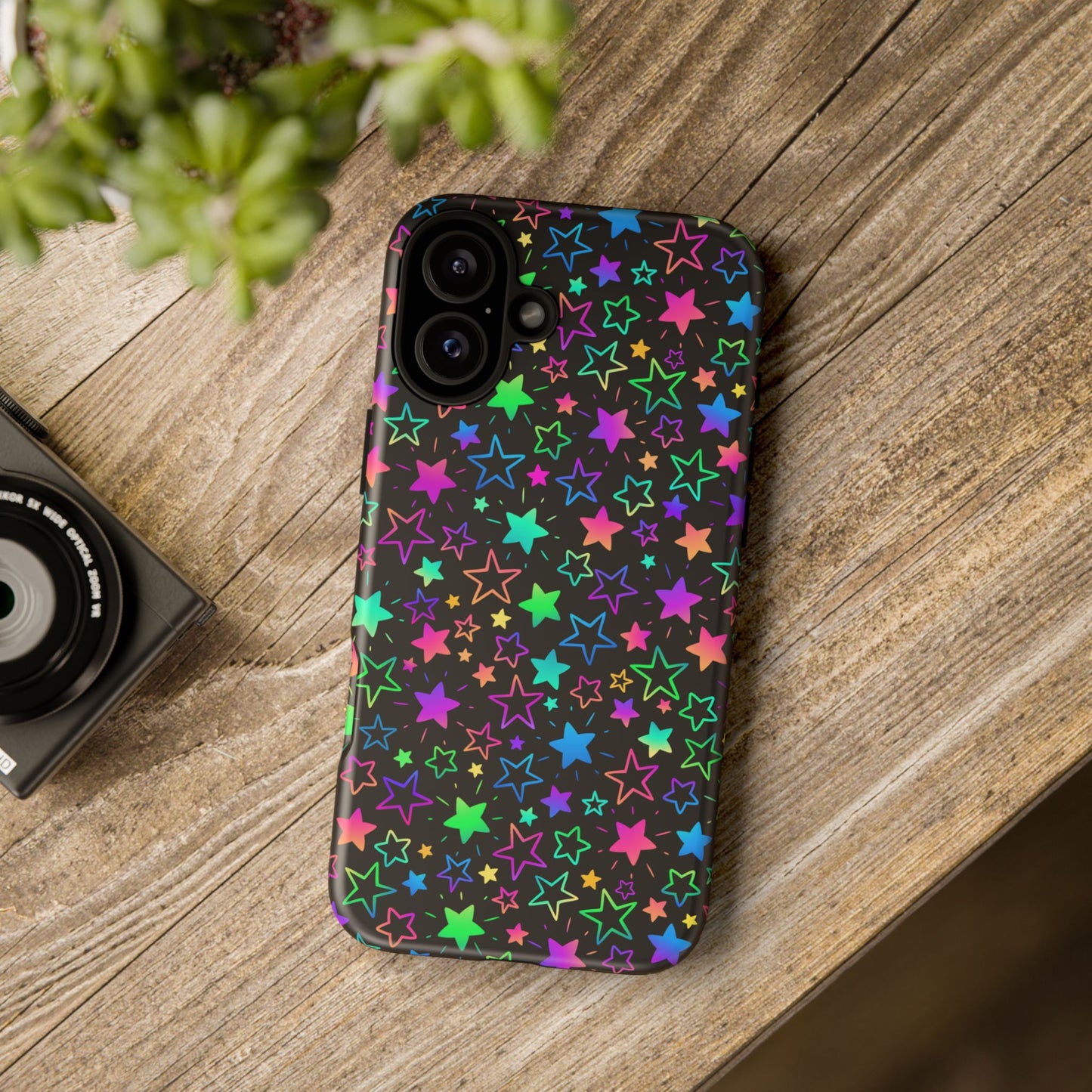 Starburst Neon Phone Case Protective Dual Layer Shock Absorption With Colorful Glow Stars For Trendy Nightlife Fans