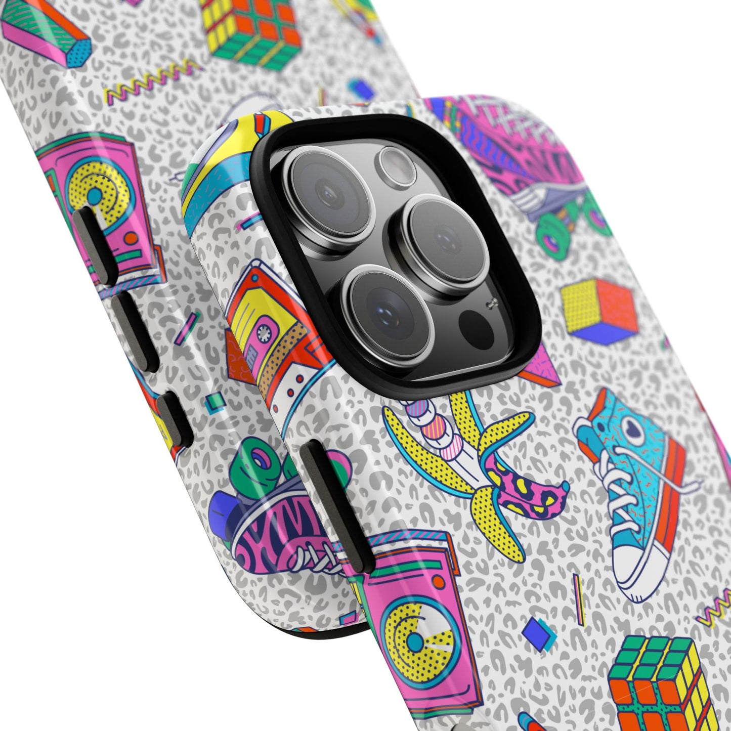 Retro 90s Pattern Phone Case — Roller Skates, Rubik Cube & Cassette Design