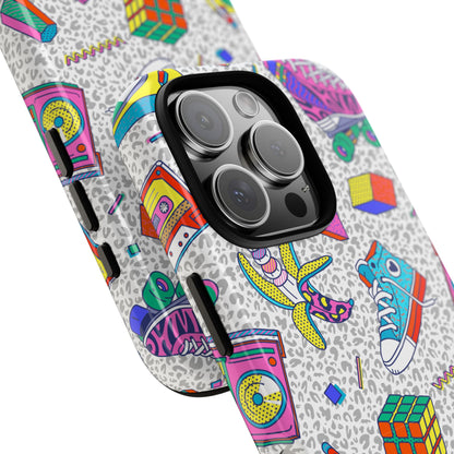 Retro 90s Pattern Phone Case — Roller Skates, Rubik Cube & Cassette Design
