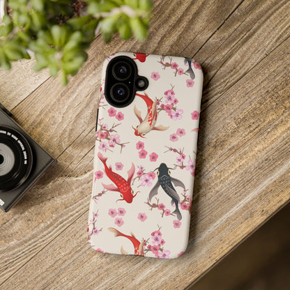 Koi Blossom Tough Phone Case Dual Layer Protective Cover With Shock Absorbent TPU And PC For Cherry Blossom Koi Lovers