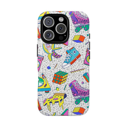 Retro 90s Pattern Phone Case — Roller Skates, Rubik Cube & Cassette Design