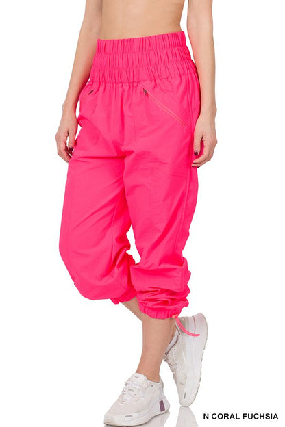 Windbreaker Smocked High Waistband Jogger Pants Zenana