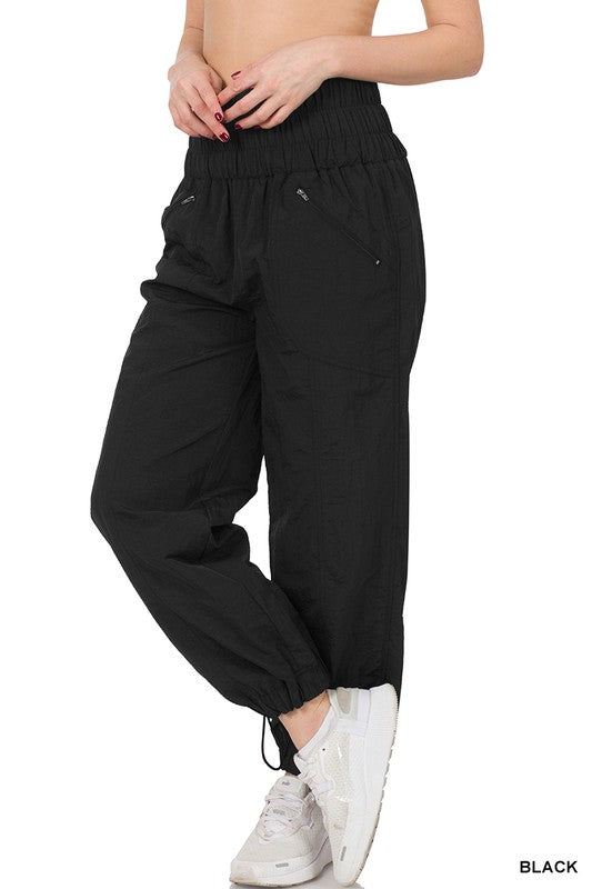 Windbreaker Smocked High Waistband Jogger Pants Zenana