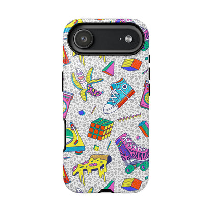 Retro 90s Pattern Phone Case — Roller Skates, Rubik Cube & Cassette Design