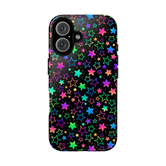 Starburst Neon Phone Case Protective Dual Layer Shock Absorption With Colorful Glow Stars For Trendy Nightlife Fans