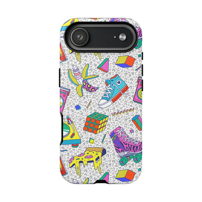 Retro 90s Pattern Phone Case — Roller Skates, Rubik Cube & Cassette Design