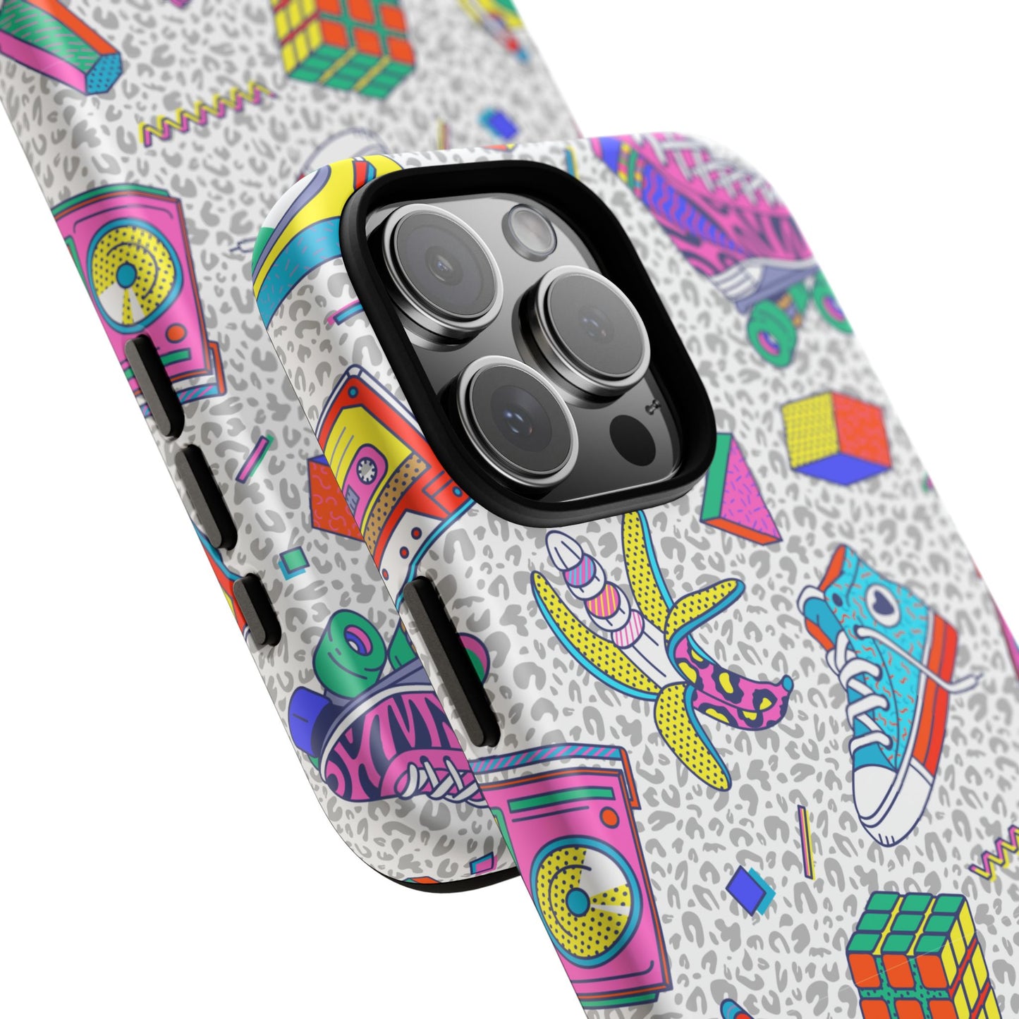 Retro 90s Pattern Phone Case — Roller Skates, Rubik Cube & Cassette Design