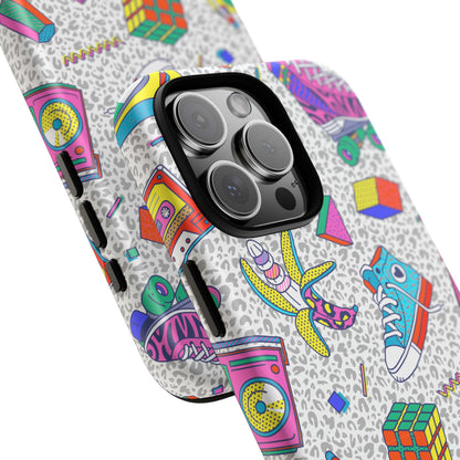 Retro 90s Pattern Phone Case — Roller Skates, Rubik Cube & Cassette Design