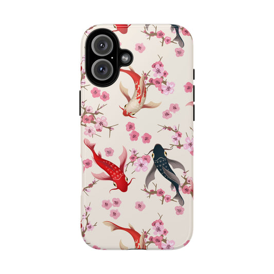 Koi Blossom Tough Phone Case Dual Layer Protective Cover With Shock Absorbent TPU And PC For Cherry Blossom Koi Lovers