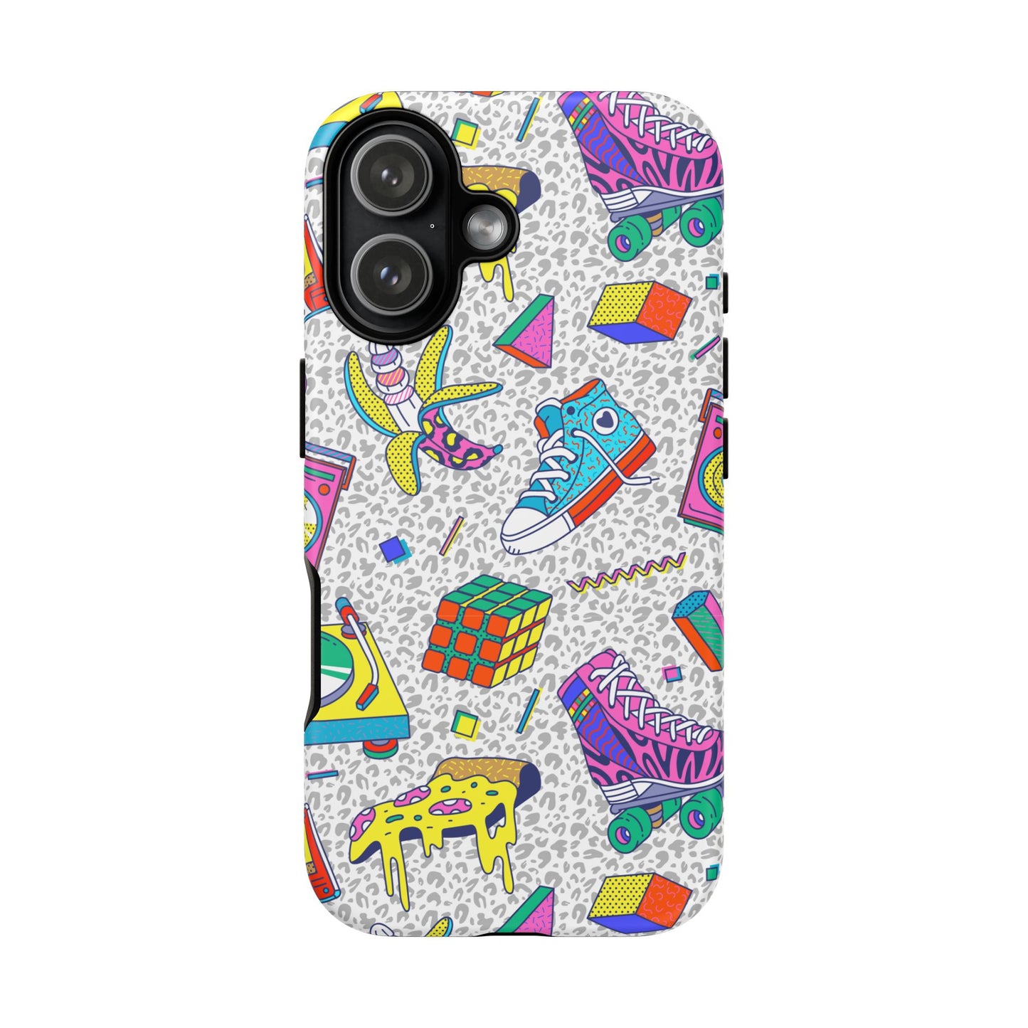 Retro 90s Pattern Phone Case — Roller Skates, Rubik Cube & Cassette Design