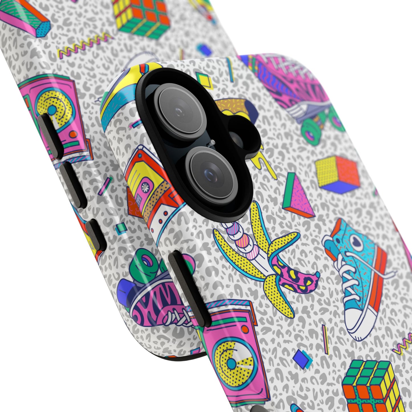 Retro 90s Pattern Phone Case — Roller Skates, Rubik Cube & Cassette Design
