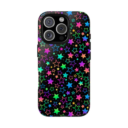 Starburst Neon Phone Case Protective Dual Layer Shock Absorption With Colorful Glow Stars For Trendy Nightlife Fans