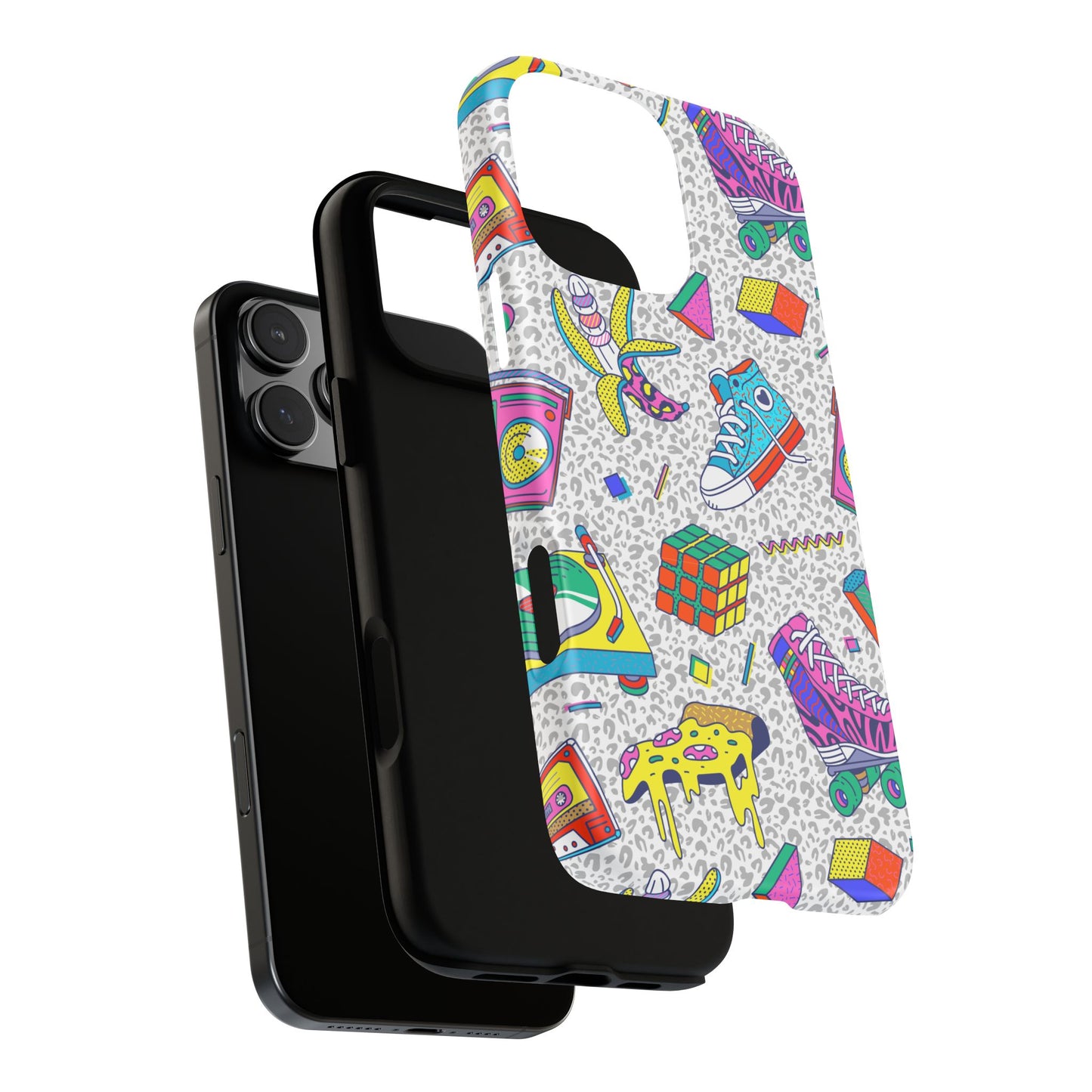 Retro 90s Pattern Phone Case — Roller Skates, Rubik Cube & Cassette Design