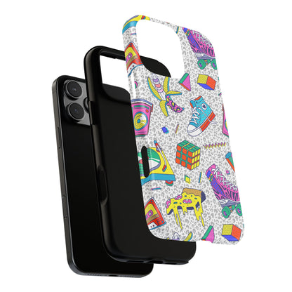 Retro 90s Pattern Phone Case — Roller Skates, Rubik Cube & Cassette Design