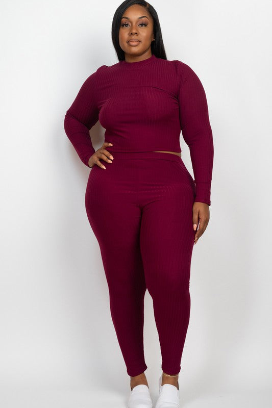 Effortlessly Chic Ribbed Mock Neck Leggings Set – Plus Size, Multiple Colors