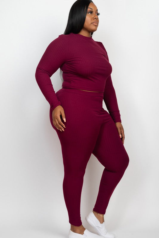 Effortlessly Chic Ribbed Mock Neck Leggings Set – Plus Size, Multiple Colors