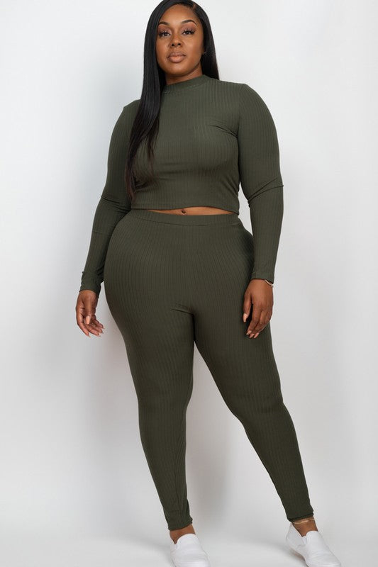 Effortlessly Chic Ribbed Mock Neck Leggings Set – Plus Size, Multiple Colors