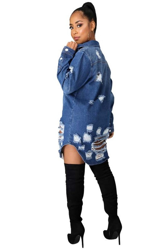 Distressed Long Sleeve Denim Jacket Dress - Sizes Small to 3XL