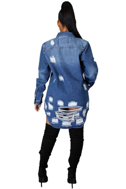 Distressed Long Sleeve Denim Jacket Dress - Sizes Small to 3XL