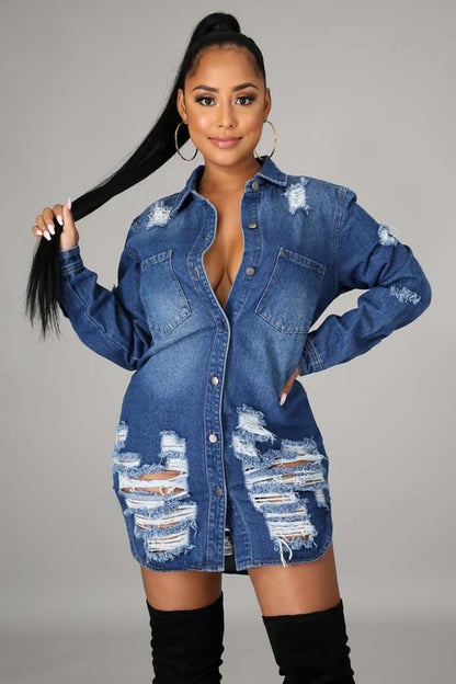 Distressed Long Sleeve Denim Jacket Dress - Sizes Small to 3XL