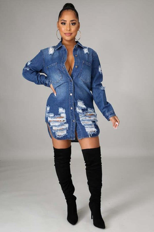 Distressed Long Sleeve Denim Jacket Dress - Sizes Small to 3XL