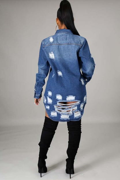 Distressed Long Sleeve Denim Jacket Dress - Sizes Small to 3XL