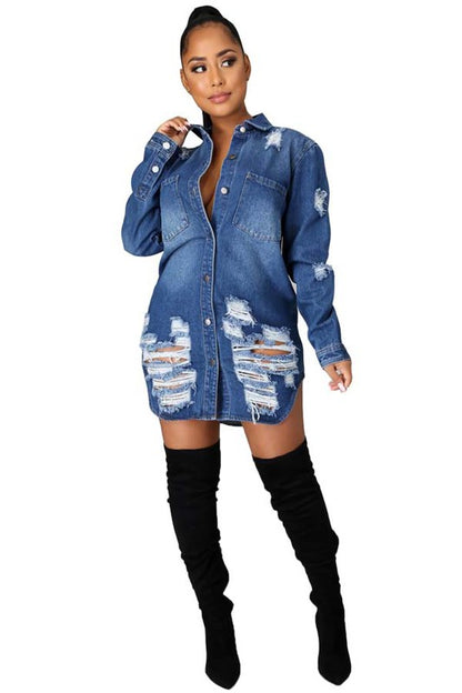 Distressed Long Sleeve Denim Jacket Dress - Sizes Small to 3XL