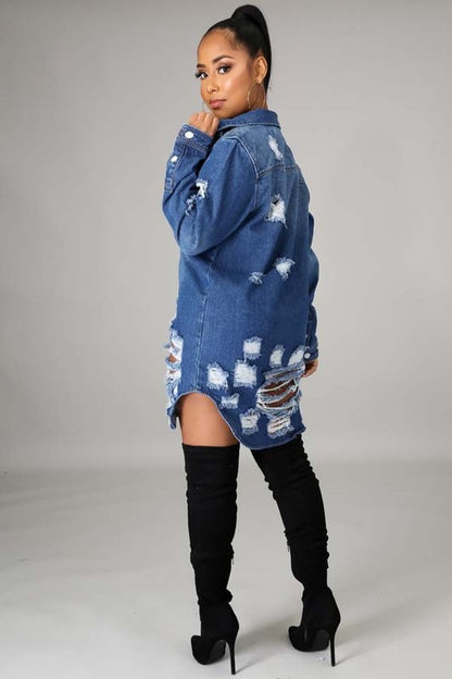 Distressed Long Sleeve Denim Jacket Dress - Sizes Small to 3XL