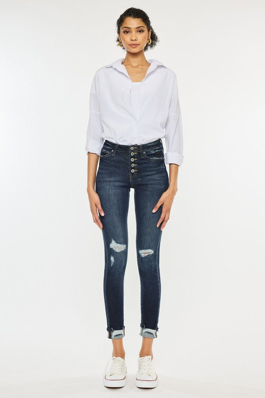 High Rise Button Down Cuffed Ankle Skinny Jeans KanCan