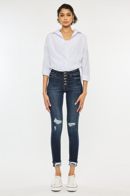 High Rise Button Down Cuffed Ankle Skinny Jeans KanCan