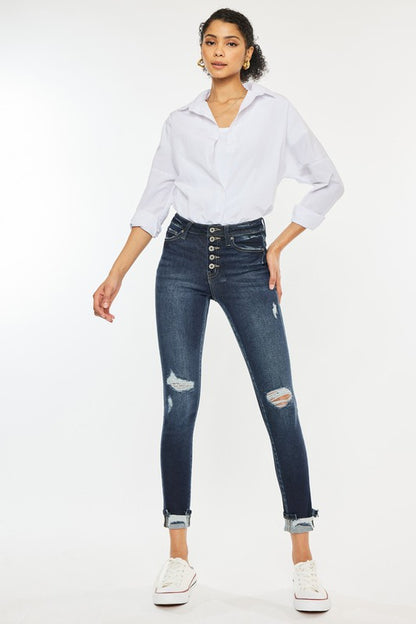 High Rise Button Down Cuffed Ankle Skinny Jeans KanCan