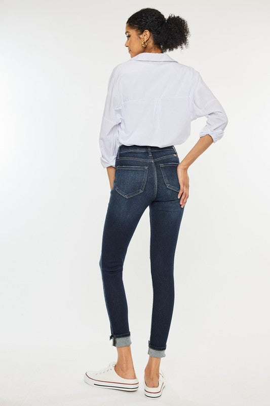 High Rise Button Down Cuffed Ankle Skinny Jeans KanCan