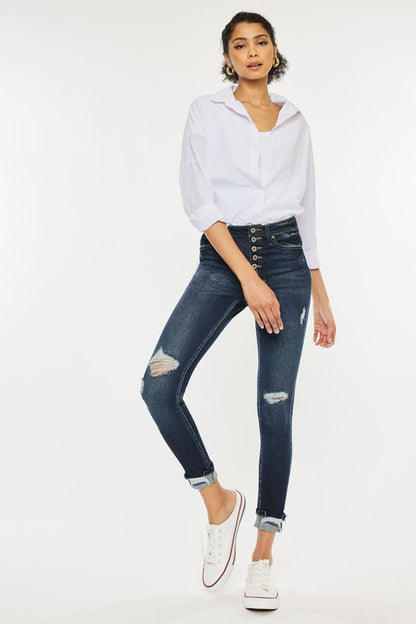 High Rise Button Down Cuffed Ankle Skinny Jeans KanCan