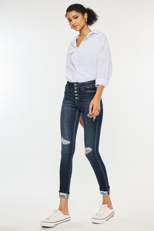 High Rise Button Down Cuffed Ankle Skinny Jeans KanCan