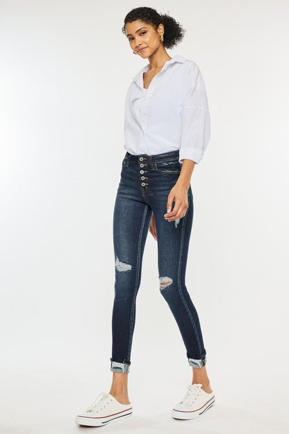 High Rise Button Down Cuffed Ankle Skinny Jeans KanCan