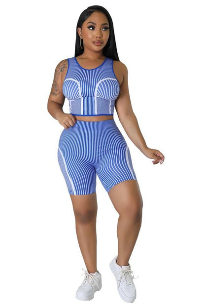 Trendy Blue & Pink Sleeveless Crop Top & Bicycle Short Set (2-Piece)