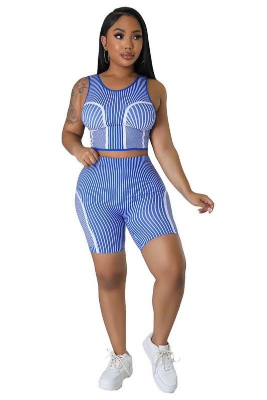 Trendy Blue & Pink Sleeveless Crop Top & Bicycle Short Set (2-Piece)