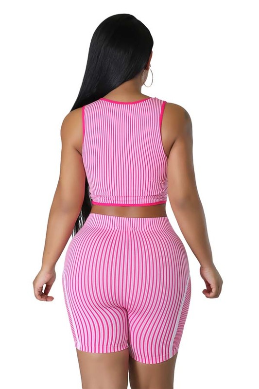 Trendy Blue & Pink Sleeveless Crop Top & Bicycle Short Set (2-Piece)