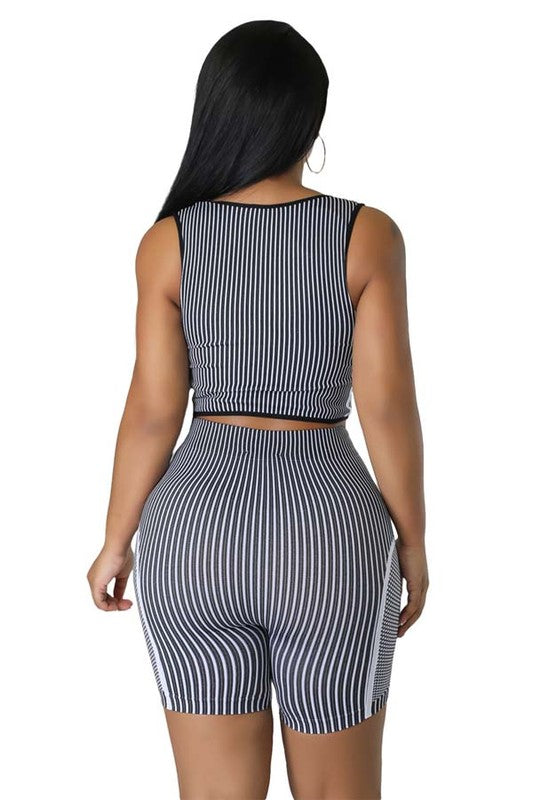 Striped Sleeveless Crop Top & Bicycle Short Set (2-Piece)