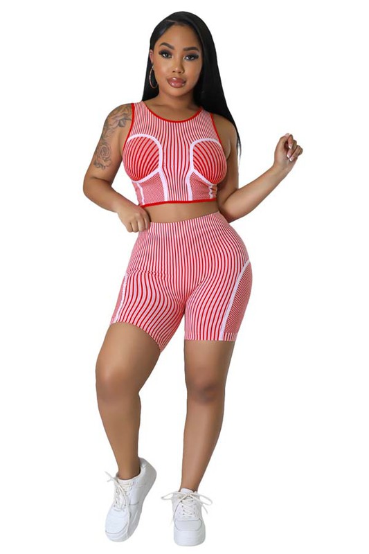 Striped Sleeveless Crop Top & Bicycle Short Set (2-Piece)