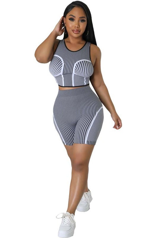 Striped Sleeveless Crop Top & Bicycle Short Set (2-Piece)