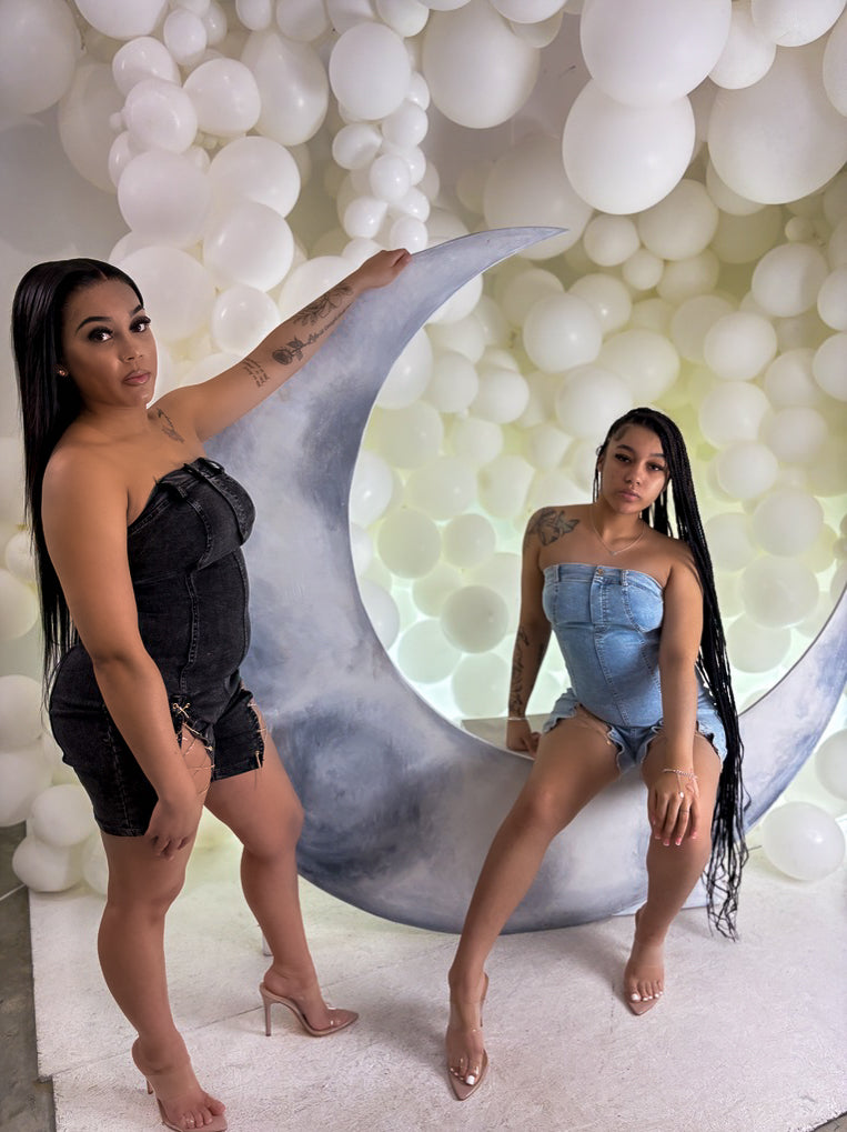 Chain Reaction Denim Romper - Strapless with Sassy Lace-Up Details