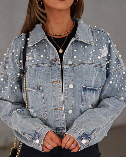 ✨ Starry Nights Pearl-Studded Denim Jacket ✨
