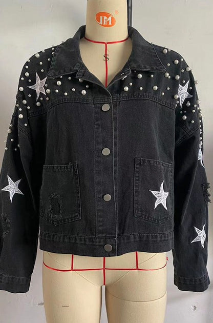 ✨ Starry Nights Pearl-Studded Denim Jacket ✨